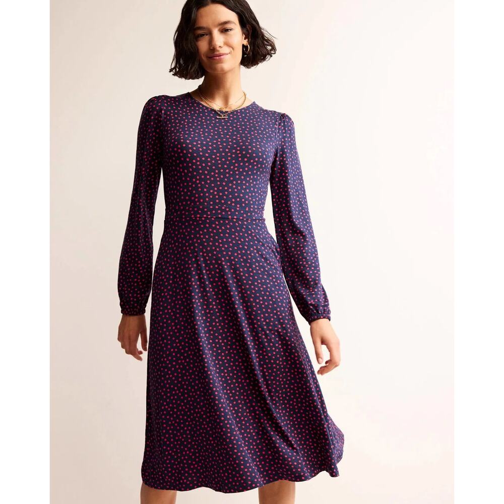 Boden Plus Camille Navy Blue Red Polka Dot Long Sleeve Midi Dress 22R D0780